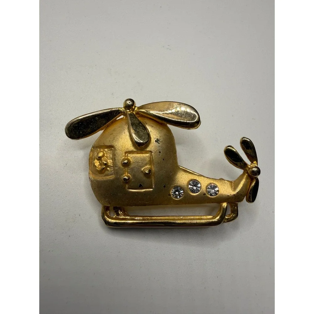 Vintage Gold Tone Helicopter Brooch Pin Aviation Pilot Novelty Jewelry